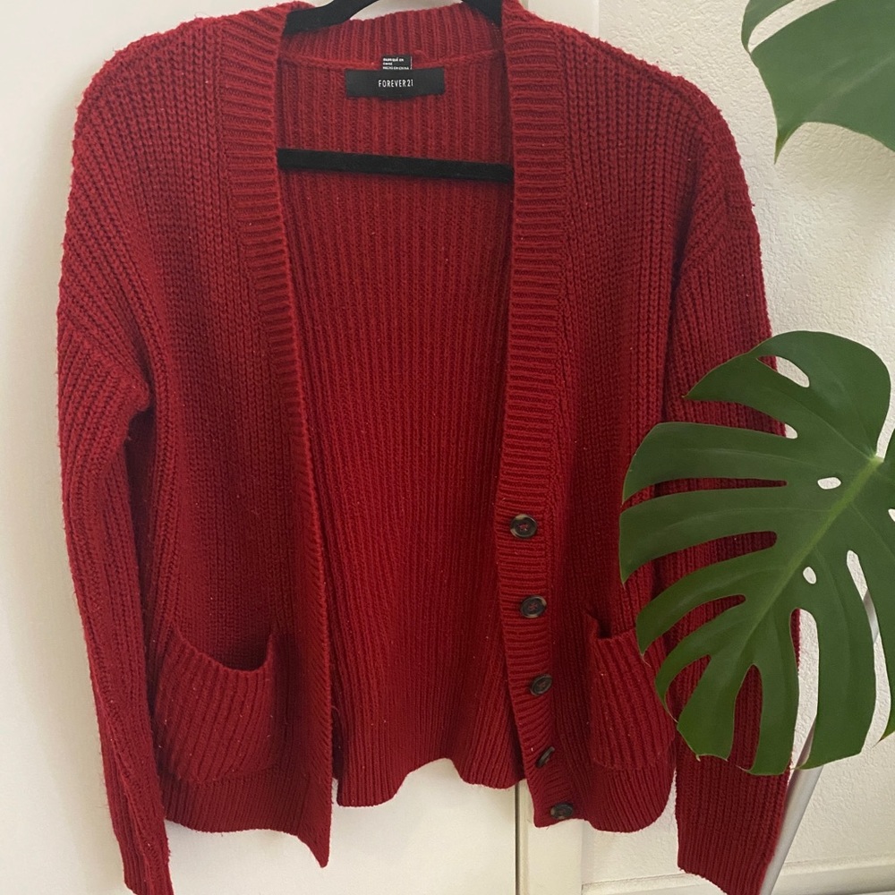 Red knitted cardigan